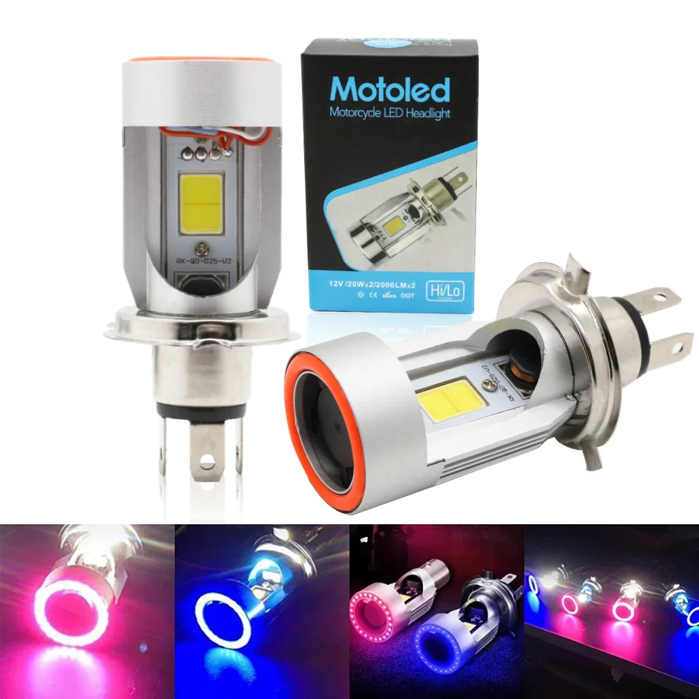 

20Pcs/lot Blue/Red Angel Eye H4 Led Motorcycle Headlight BA20D HS1 Scooter Motorbike Headlamp Light Bulb Drl Accessories 12-80v