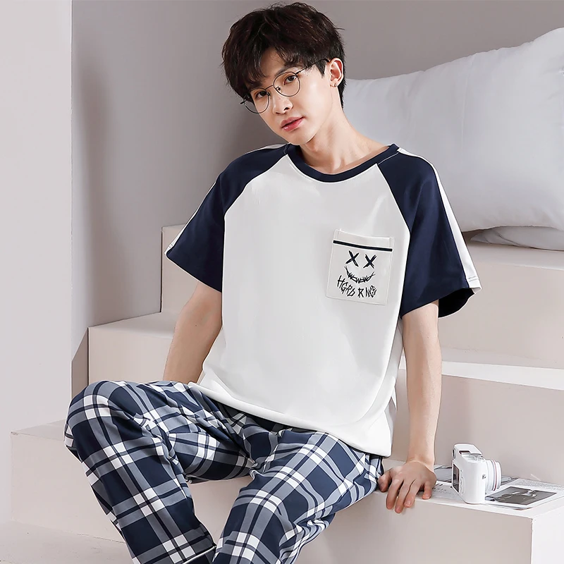 New Cotton Nightwear For Men 2pcs/Set Sleepwear Summer Homewear Spring Male Pjs Short Sleeves Sleeping Tops Plaid Pant Pyjamas