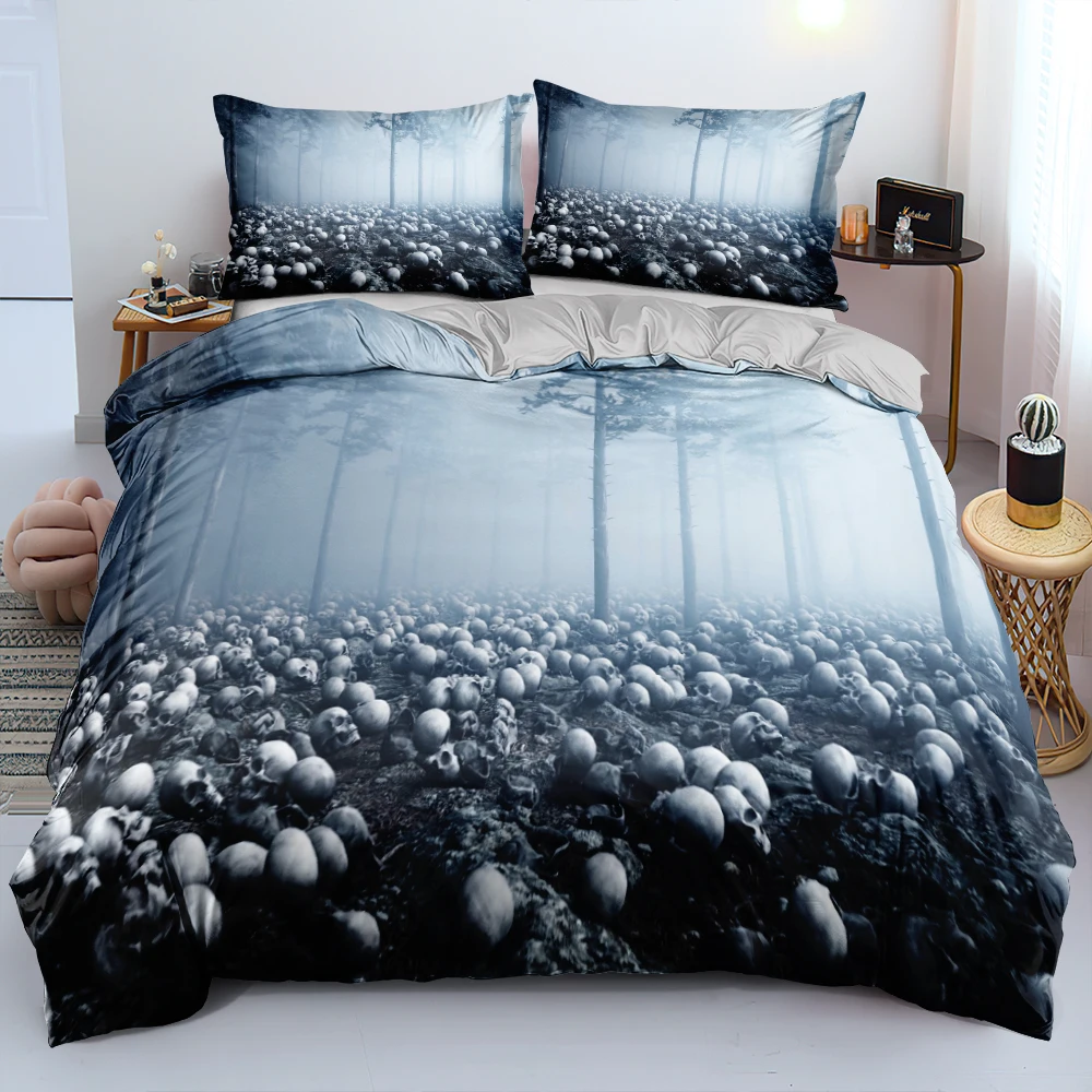 

Blue Bed Linen Sets Horror Skull Wood Duvet Cover Twin Quilt Covers Soft Bedding Sets Pillow Shams Queen Full King Size for Boy