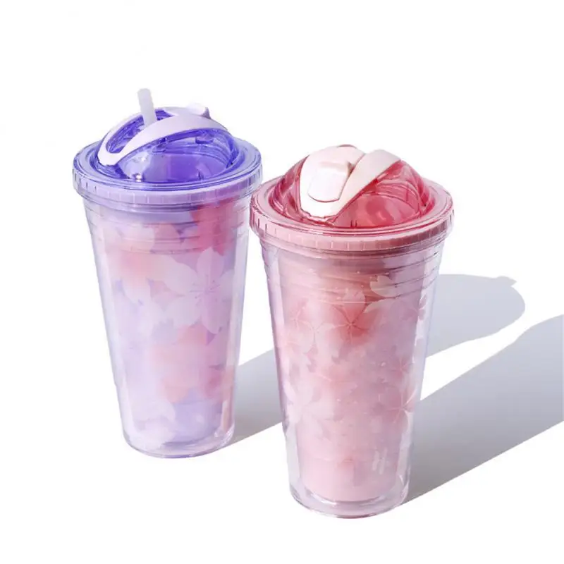 

Ice Cup Plastic Water Cup Summer Straw Cup Women Creative Gift Wholesale Plastic Cup Cherry Blossom Pattern Double Layer Cup