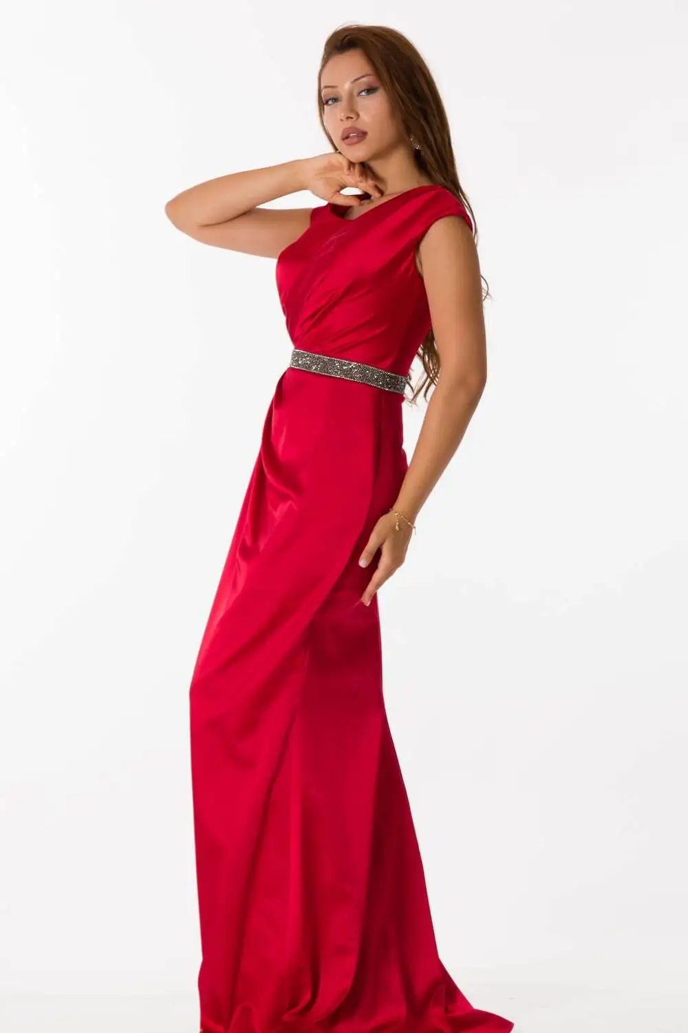 

Belt Detail Long Red Satin Evening Dress