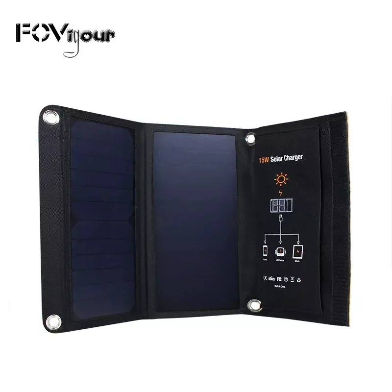 

2023New Fovigour 15W Portable Solar Charger Waterproof Solar Panel Dual USB Ports Solar Charger Power Bank for Mobile Iphone