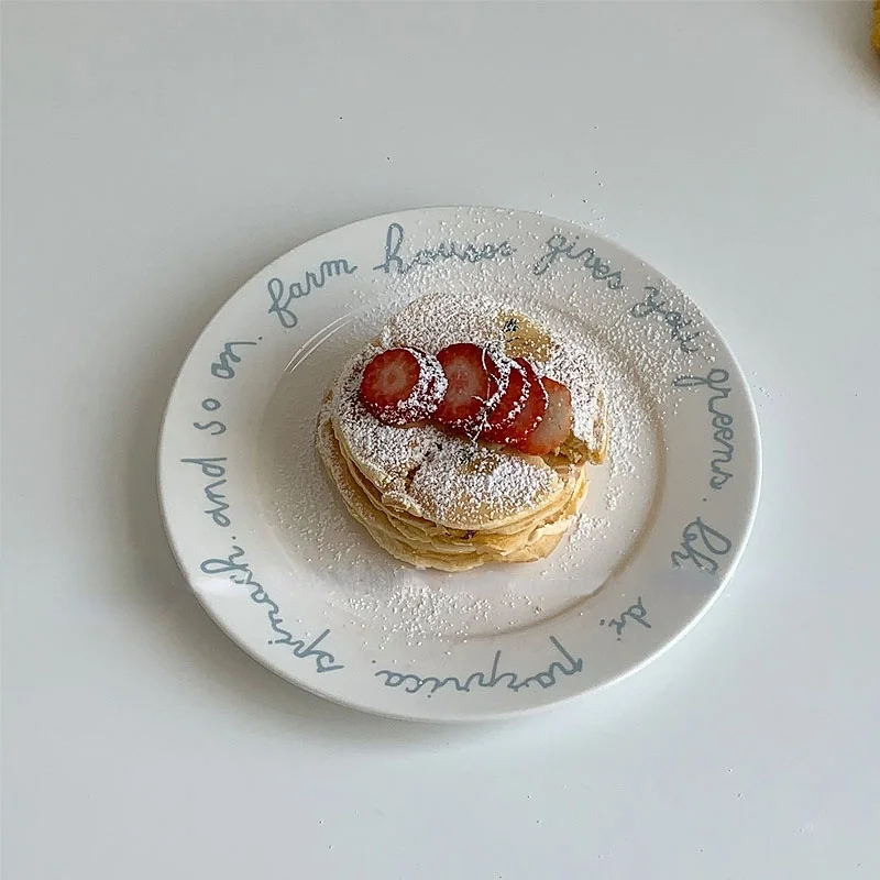 ceramic plate with french letters light blue korean dessert plate breakfast bread restaurant Plates for food Plates dinnerware