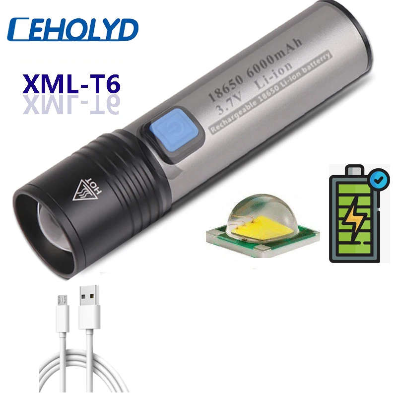 

Usb Rechargeable XM-L T6 Zoomable Built-in 18650 Battery LED Flashlight for Camping Portable Light Torch Lantern lamp