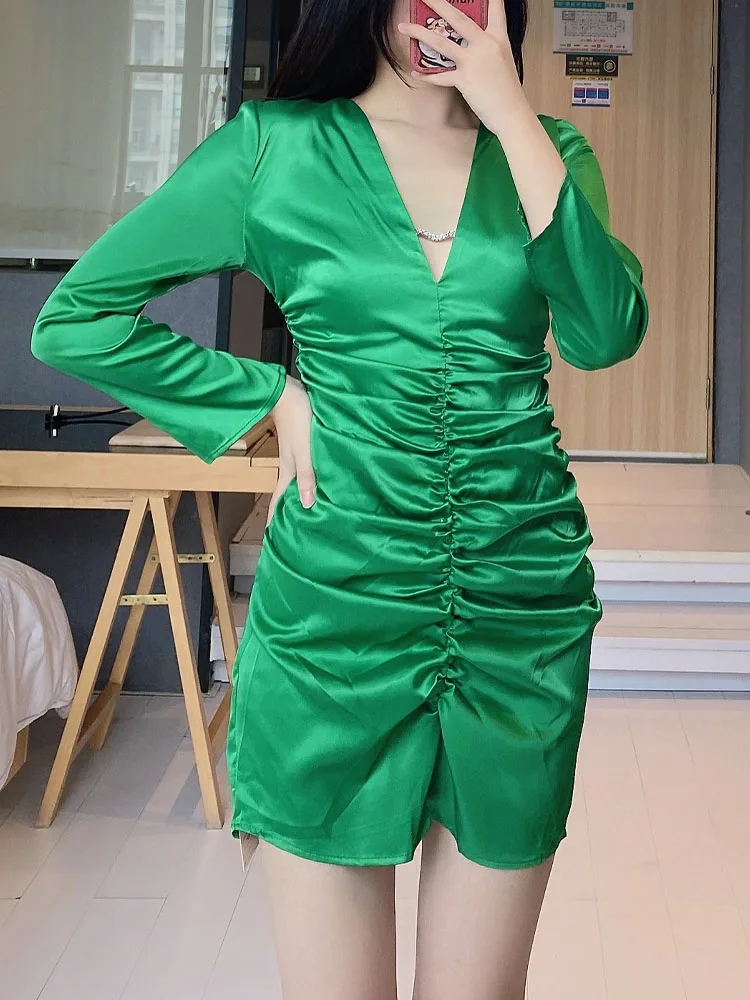 

Zach AiIsa counter quality summer new long-sleeved temperament gentle retro jewelry detail design pleated texture slim dress