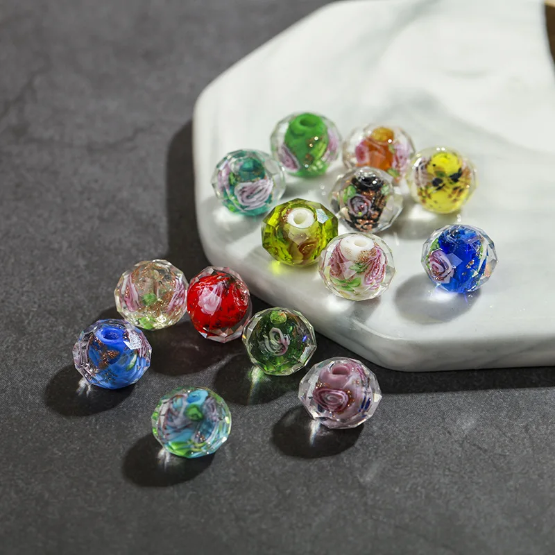 

5pcs 8mm 10mm 12mm Rondelle Faceted Crystal Flower Lampwork Glass Loose Spacer Beads for Jewelry Making
