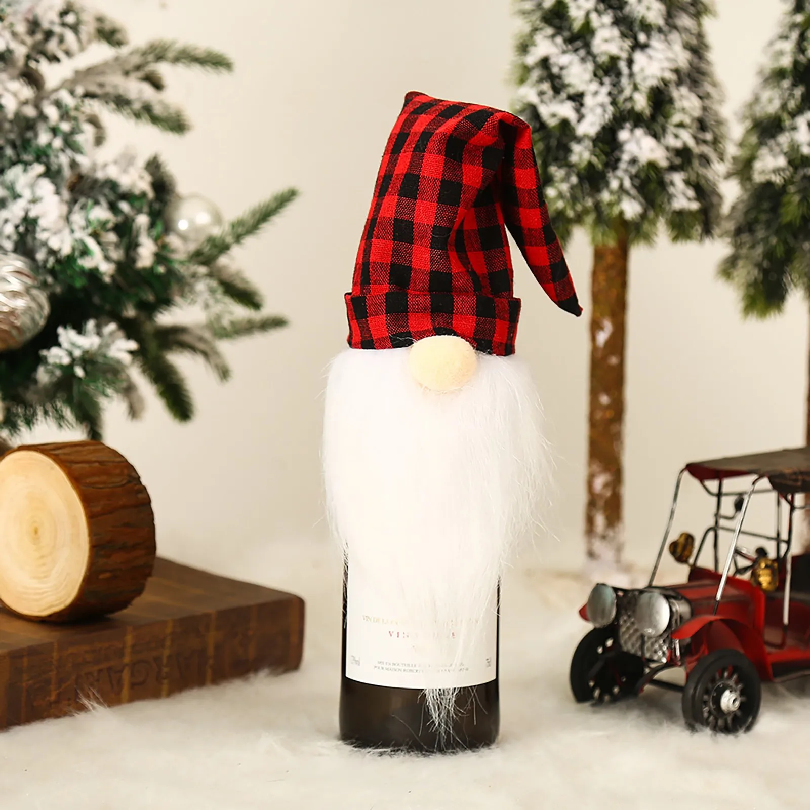 2PC Christmas Decorations Kitchen Table Top Dress Up Props Plaid Set Red Wine Bottle Set Wine Bottle Bag Glasses for Port Wine