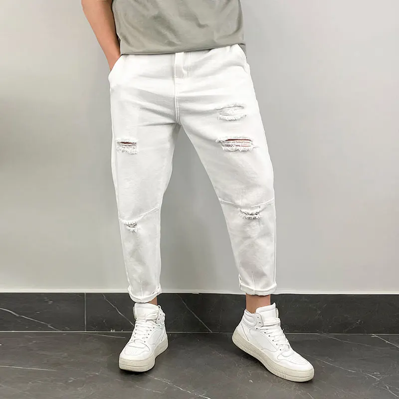 

High Street Fashion Brand White Jeans Hole Patch Elastic Slim Fit Pleated Mens Jeans Skinny Solid High Quality Denim Trousers