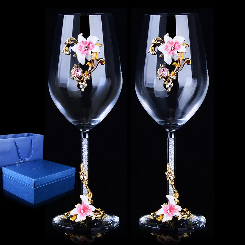 

1 par de copos de vidro cristal esmaltados europeus de alta qualidade, vinho tinto, com diamante, presente de casamento
