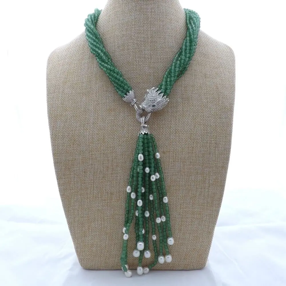 8Strands white freshwater pearl green stone necklace micro inlay zircon accessories leopard head Clasp Tassel pendant