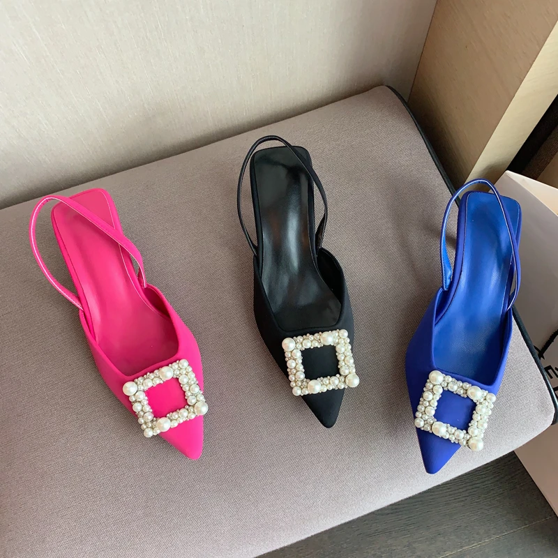 

2023 Spring New Brand Women Slingback Shoes Fashion Buckle Ladies Elegant Dess Sandal Pumps Shoes Pointed Toe Slip On Mules Muje