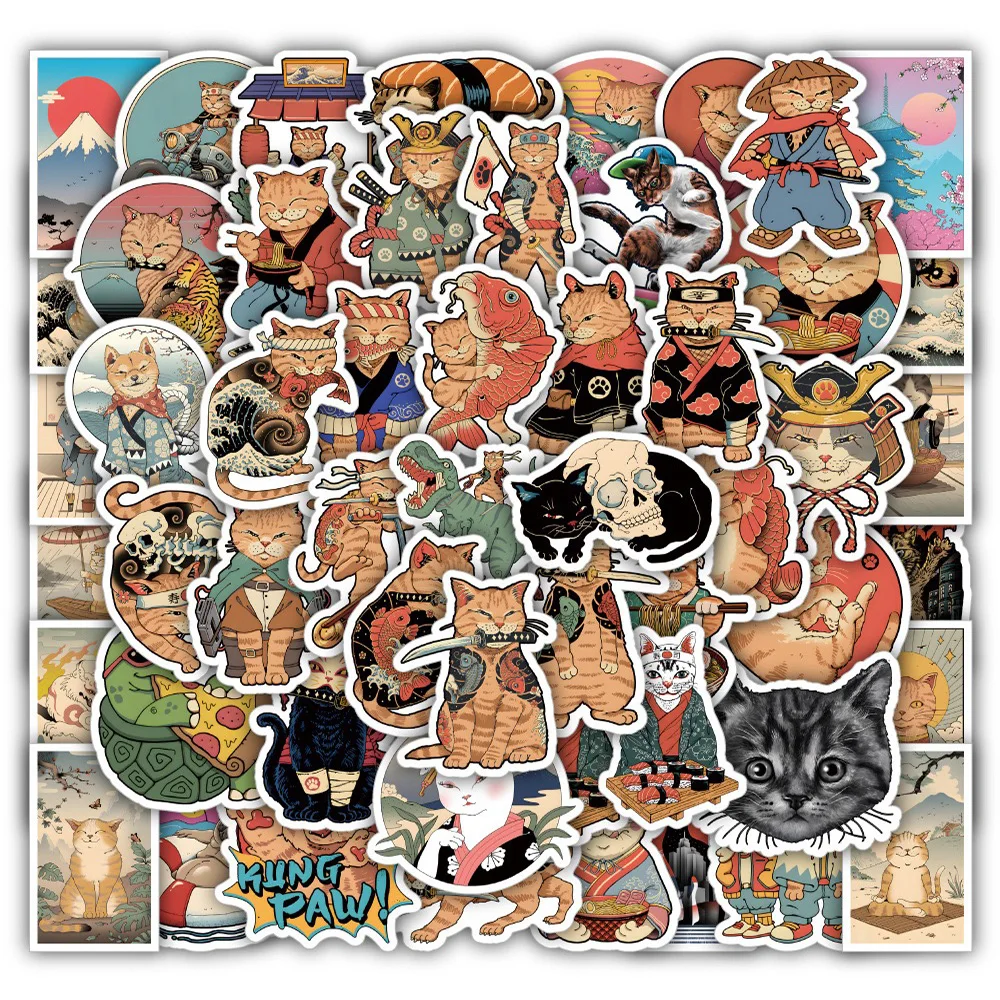 

Стикеры в стиле ретро с милым аниме Самураем и кошкой, 10/30/50 шт.