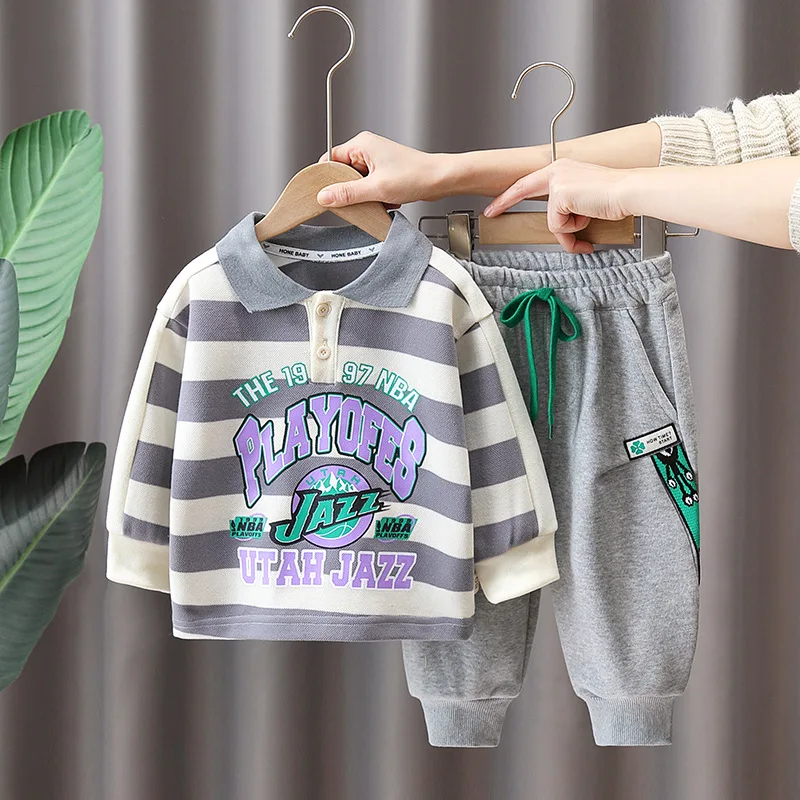 

2023 Korean Spring Kids Toddler Boy Two Piece Clothes Set Letter Striped Sweatshirt Sweatpants Track Suit Infant Baby Boy Outfit