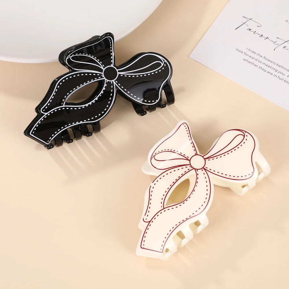 Sweet Bowknot Acrylic Oversize Hair Claw Clip For Women New Trendy Black White Line Ponytail Shark Hairpin Accessories