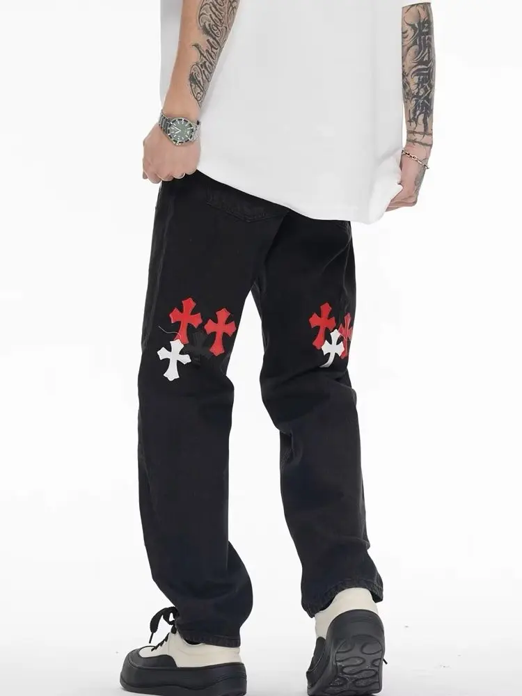 American Y2K jeans high street  PUleather cross  print washed jeans men ins trend retro Hip Hop High Street  Retro Wide Leg deni