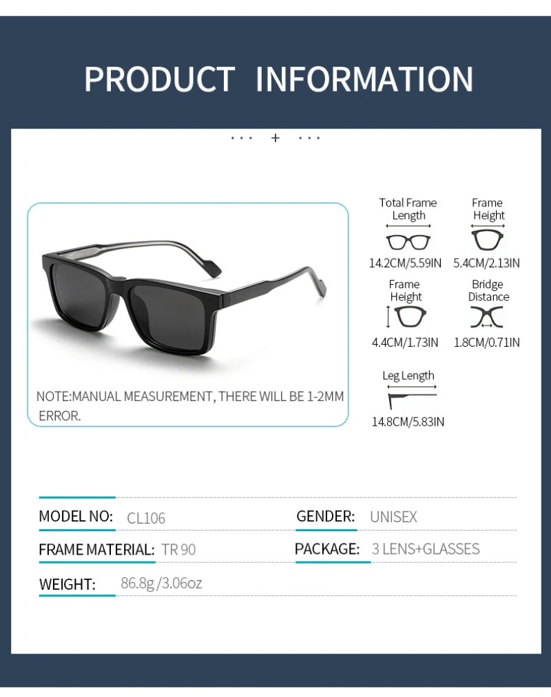 Фото Очки BEMORE Square Acetate Clip-on с диоптриями, женские, поляризационные, с защитой от УФ400, магнитные, оптические №4