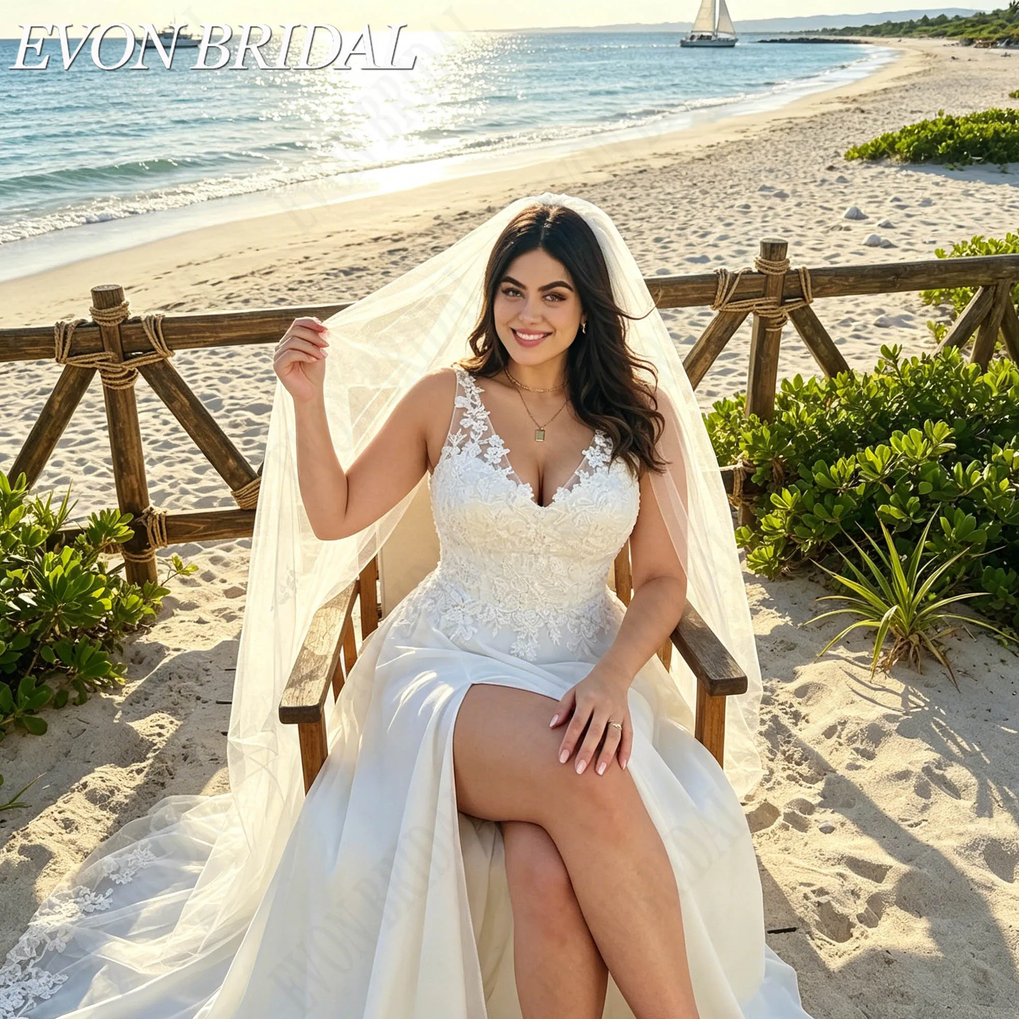 Фото EVON BRIDAL Бохо иллюзия свадебное платье на тонких бретелях, кружевные аппликации, тюлевое свадебное платье с V-образным вырезом силуэт А-лайн, индивидуальное изготовление свадебного платья, мягкий тюль нежное кружево №4