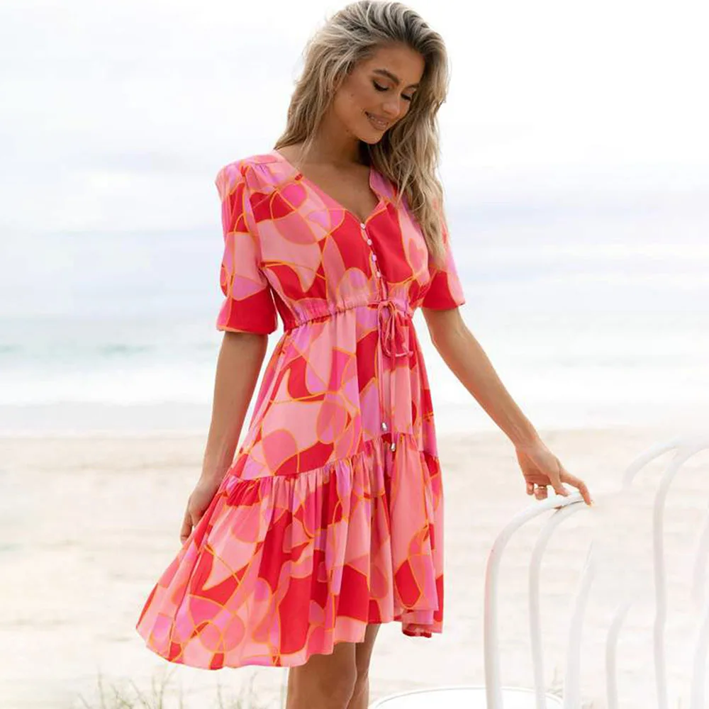 

Летнее мини-платье с принтом и оборками для женщин, повседневные Модные платья с V-образным вырезом и коротким рукавом, на шнуровке, женское ...