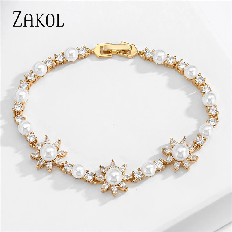 

ZAKOL Luxury Imitation Pearl Charm Bracelets for Women Shiny Cubic Zircon Gold Color Flower Bracelet Wedding Jewelry
