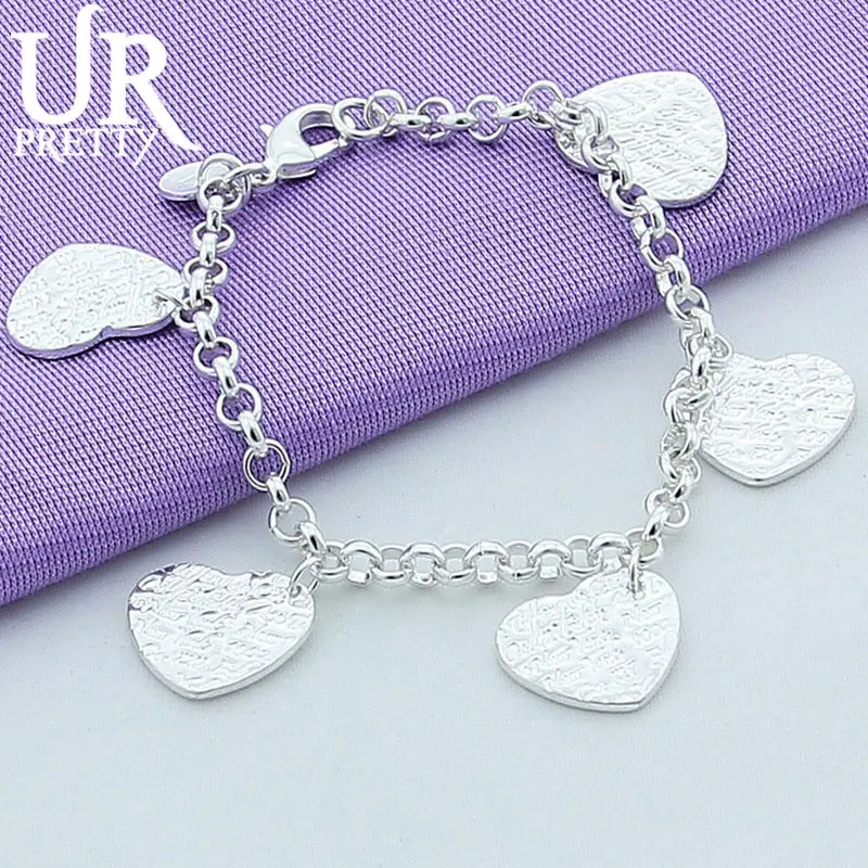 

URPRETTY 925 Sterling Silver Five Love Heart Chain Bracelet For Women Wedding Engagement Party Charm Jewelry