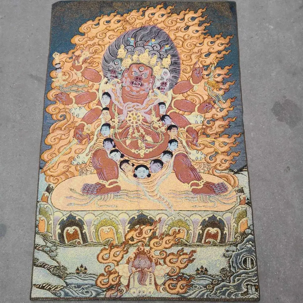 

35"Thangka Embroidery Tibetan Buddhism silk embroidery brocade Nepal Mahakala Buddha Statue Six Arms Big Black Sky Thangkas