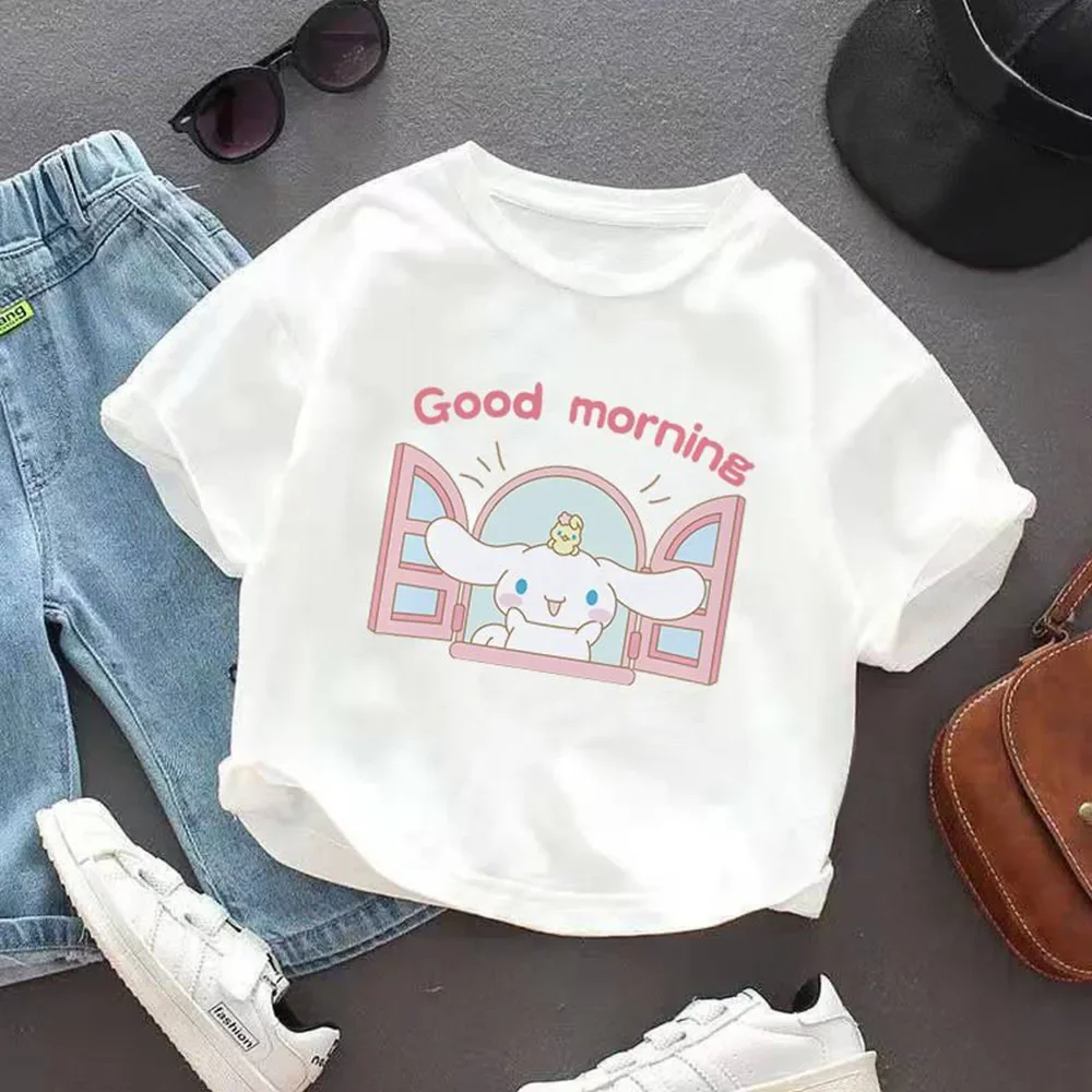 Аниме Cinnamoroll Детские с коротким рукавом Sanrios Kawaii для девочек и мальчиков белые