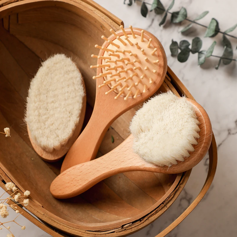 Bopoobo Baby Hair Brush Pure Natural Wool Baby Beech Wooden Brush Hair Comb Massage Brush Sets for Kids Care Grooming Tools images - 6