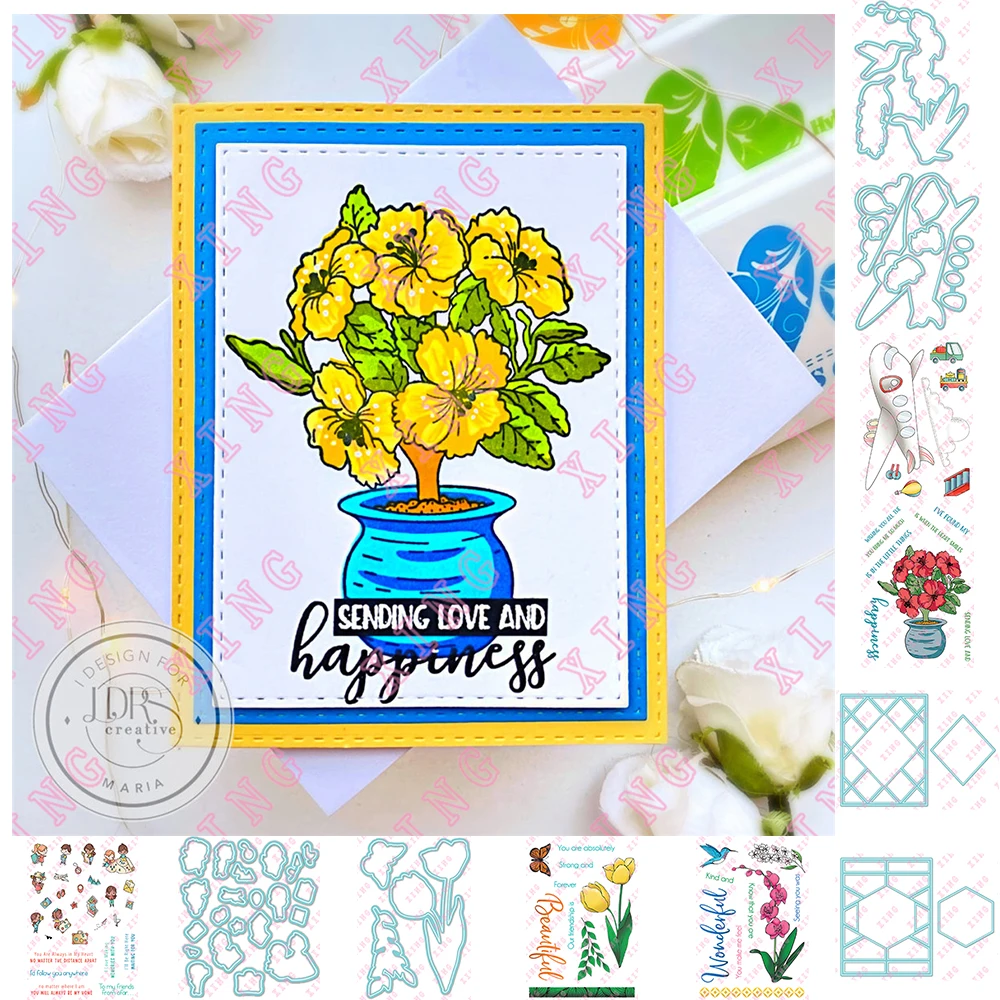 

Tulip Orchid No Matter the Distance Plane Fun Pocket Pals Potted Hibiscus Diamonds Hexagons A2 Coverplate Cut Dies Stamps Stenci