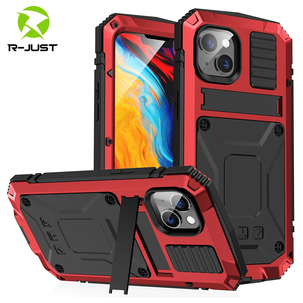

R-JUST Full-Body Armor Case For iPhone 14 Pro Max Shockproof Rugged Cover 14 Plus Kickstand Metal Funda Skins Built-in Protector