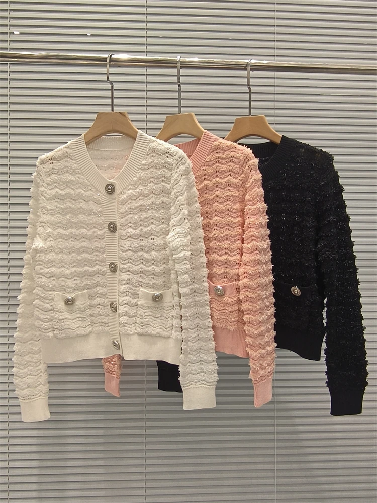 Женский свитер Кардиган с волнистым узором О-образный вырез Однобортный