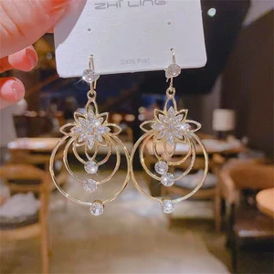 Imported Luxury Zircon Lotus Flower Earrings For Women Crystal Ear Hook Korea New Design Fashion Jewelry Wedd