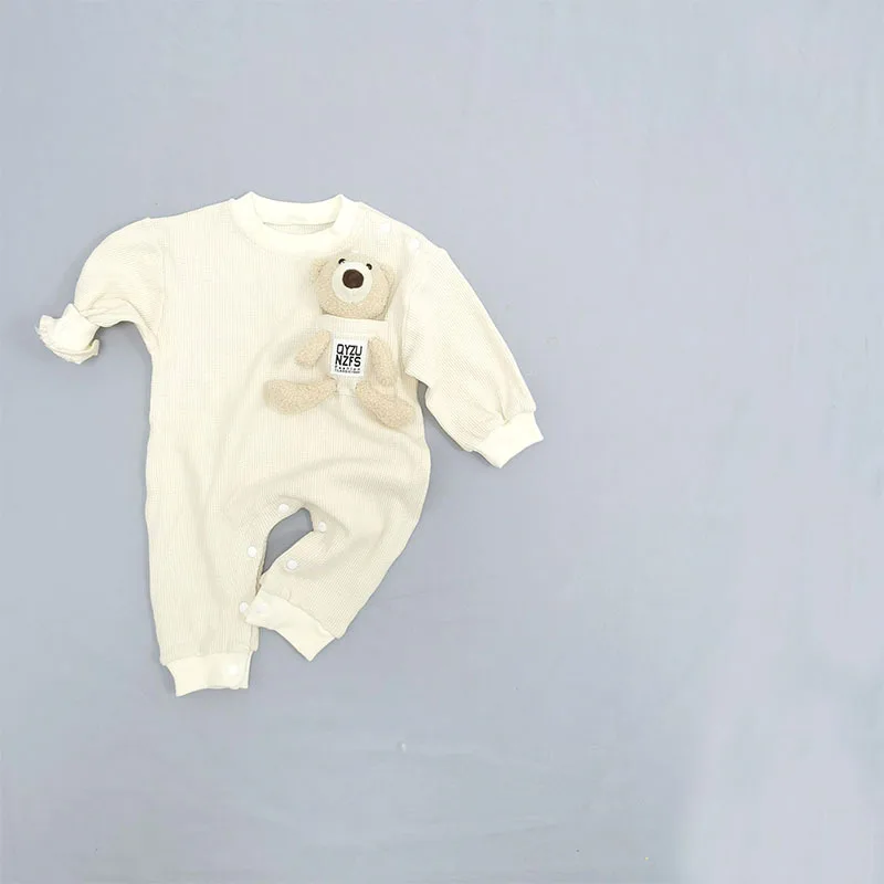 2022 New Autumn Baby Casual Romper Long Sleeve Toddler Boy Bear Jumpsuit Cute Infant Girl Cotton Waffle Clothes 0-24M
