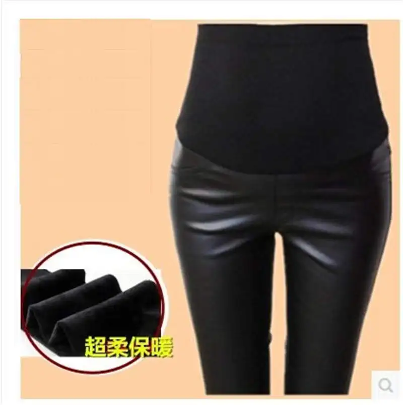 

Spring Autumn Maternity Pants Leather Elastic Waist Pants Pregnant Clothing PU Black Trousers Plus velvet thickening