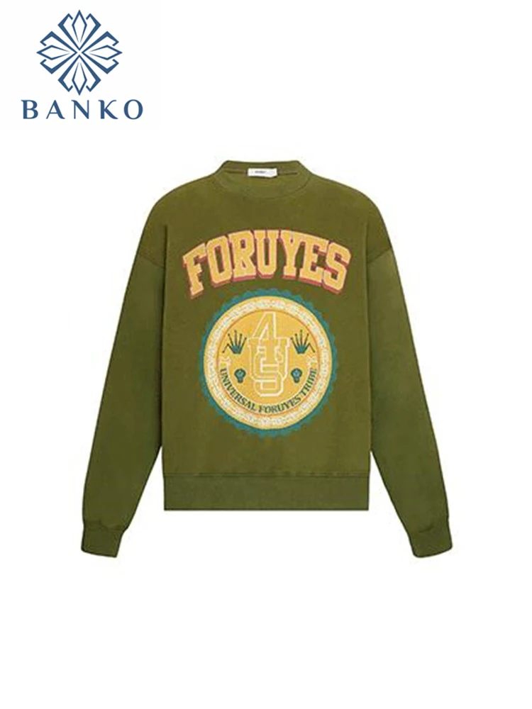 

Fashion Retro Print Hoodies Women Casual Crewneck Comfortable Sportswear Sweatshirt Loose Hoody Autumn Green Regular Clothes