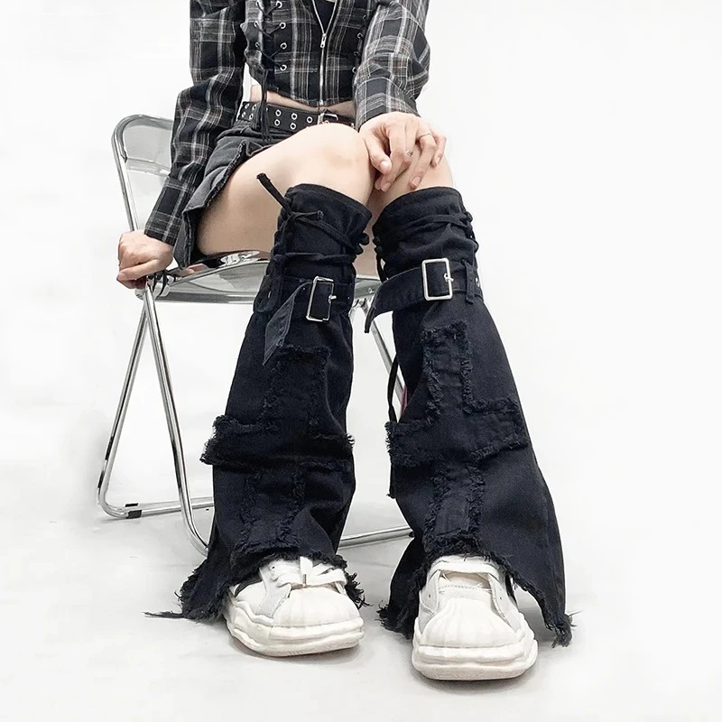 Женские гетры с перекрестными необработанными краями черные в стиле Лолиты