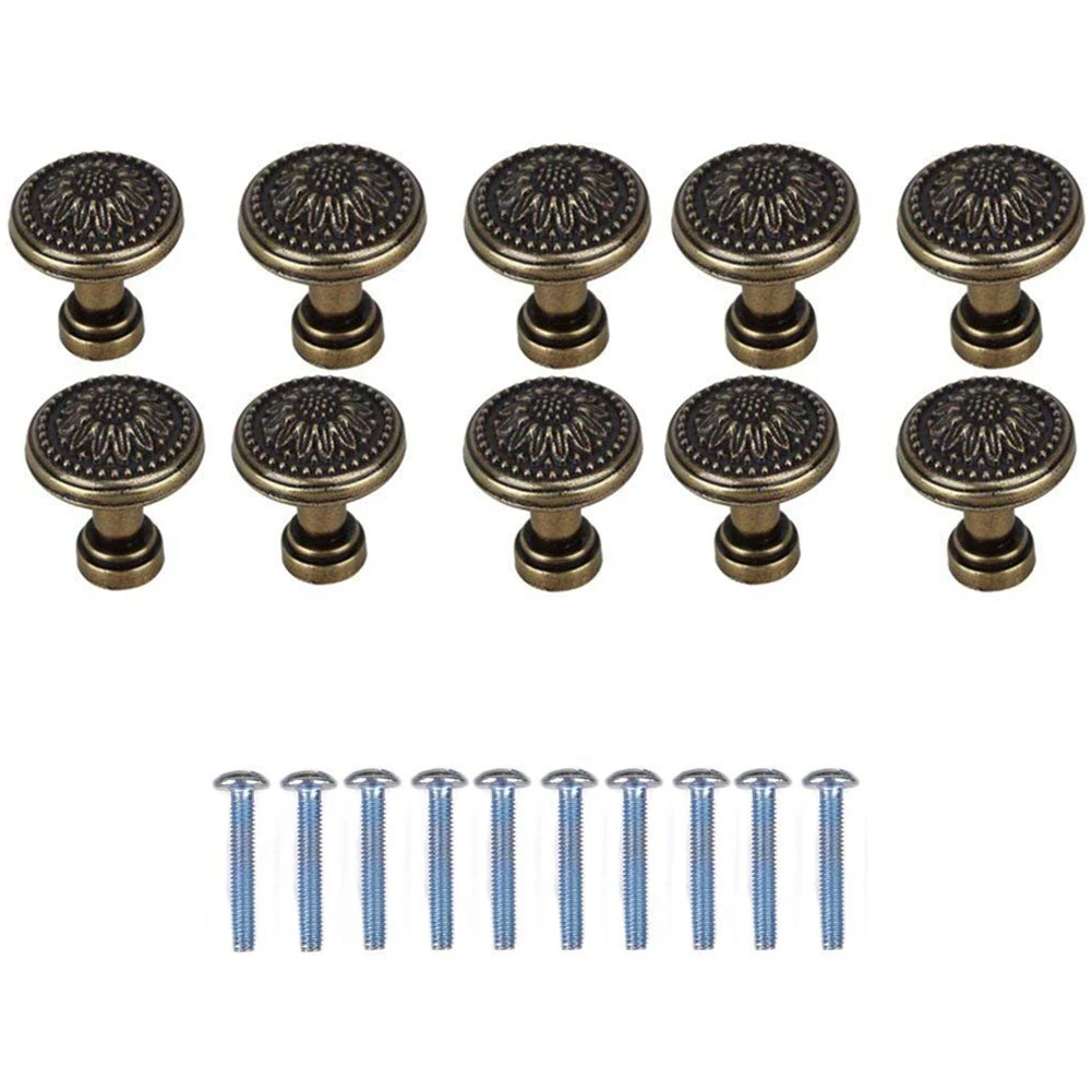 

10 Pack Antique Bronzy Flower Round Handle Kitchen Cabinet Cupboard Door Drawer Pull Knob With Screws 25 x 23mm
