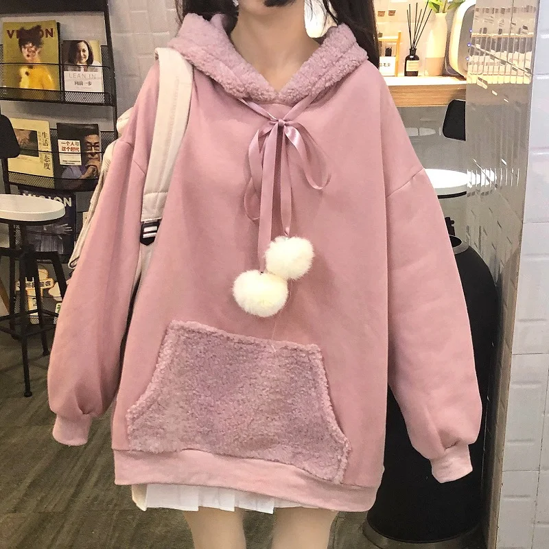 Autumn Winter Harajuku Women Sweet Hoodies Cute Rabbit Ear Hooded Pullover Girly Fashionable Loose Lace-Up Sweatshirts Outwear