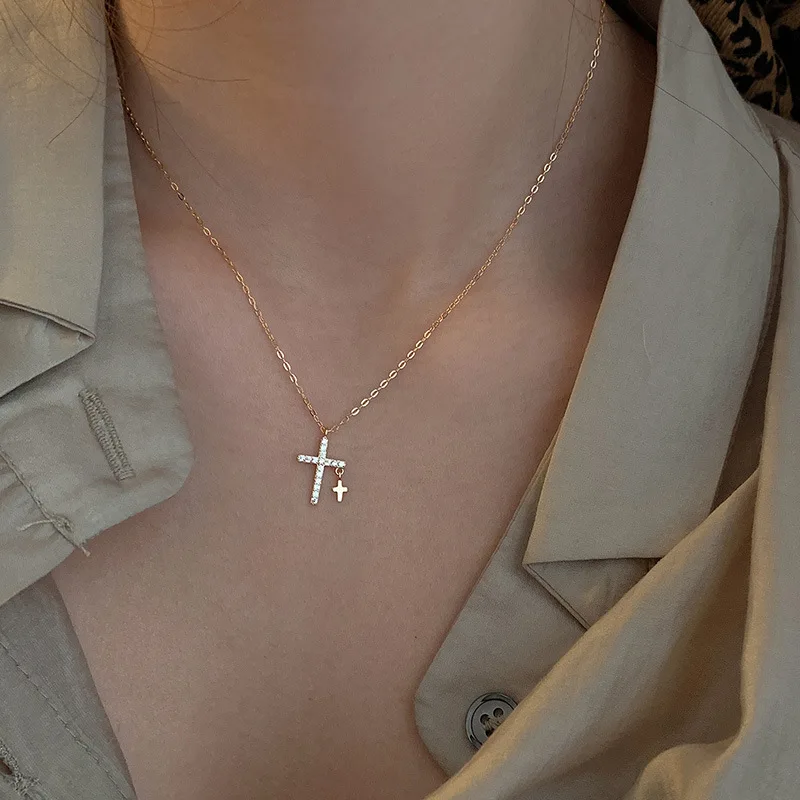 

Ожерелье с позолоченным белым цирконом и кулоном-крестом длиной 43 см, ожерелье с цепочкой до ключиц, Модная бижутерия, подарок для женщин