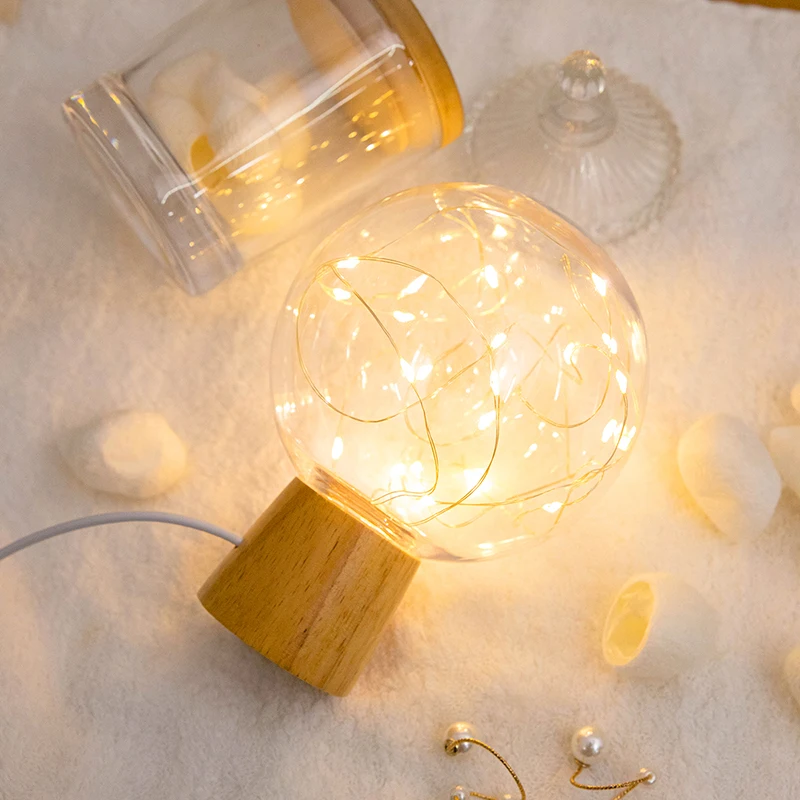 

USB Night Light Magic Ball Shaped LED Lamp with Wooden Base Wired Control Decorative Tabletop Light for Home Decoration Bedside