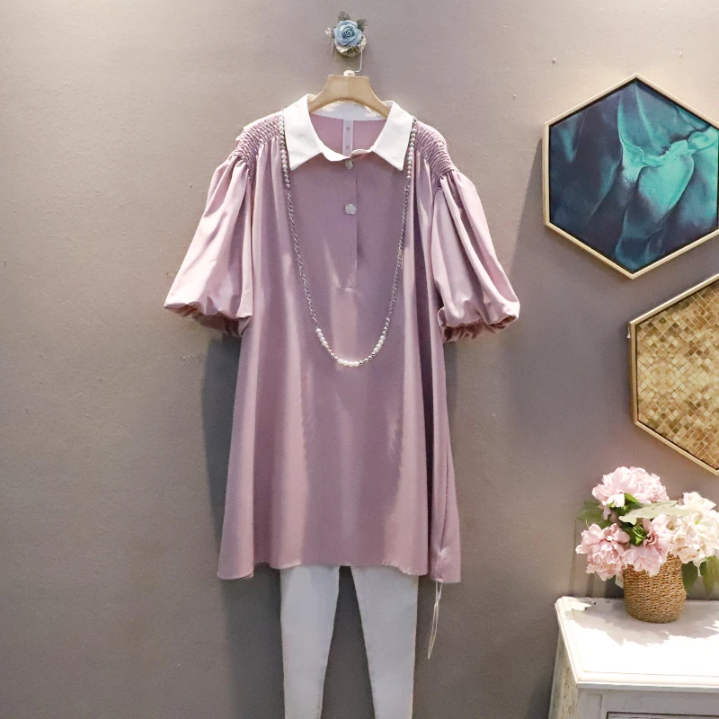 

SuperAen 2022 Turn Down Collar Fashion Solid Simple Shirt Summer New All Match Loose Oversized Short Sleeve Dress for Women