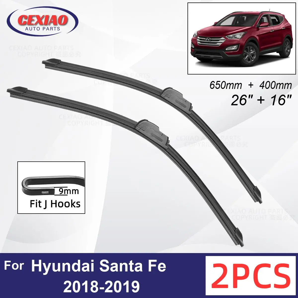 

Car Wiper For Hyundai Santa Fe 2018-2019 Front Wiper Blades Soft Rubber Windscreen Wipers Auto Windshield 26"+16" 650mm + 400mm