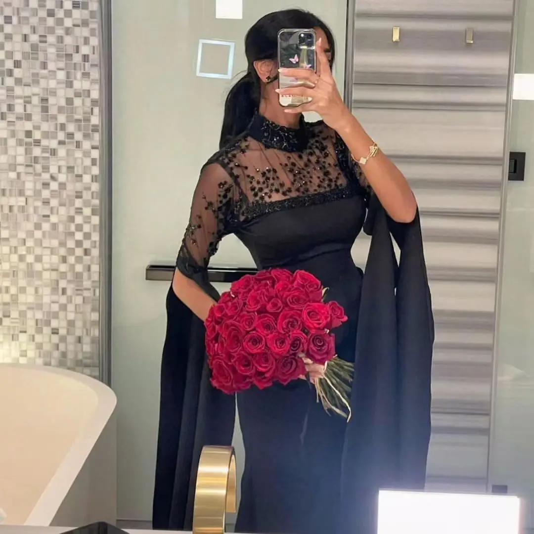 

High Neck Sequins Evening Dresses Floor-Length Long Split Sleeves Mermaid Elegant Formal Occasion Dresses Arabia Prom Dresses