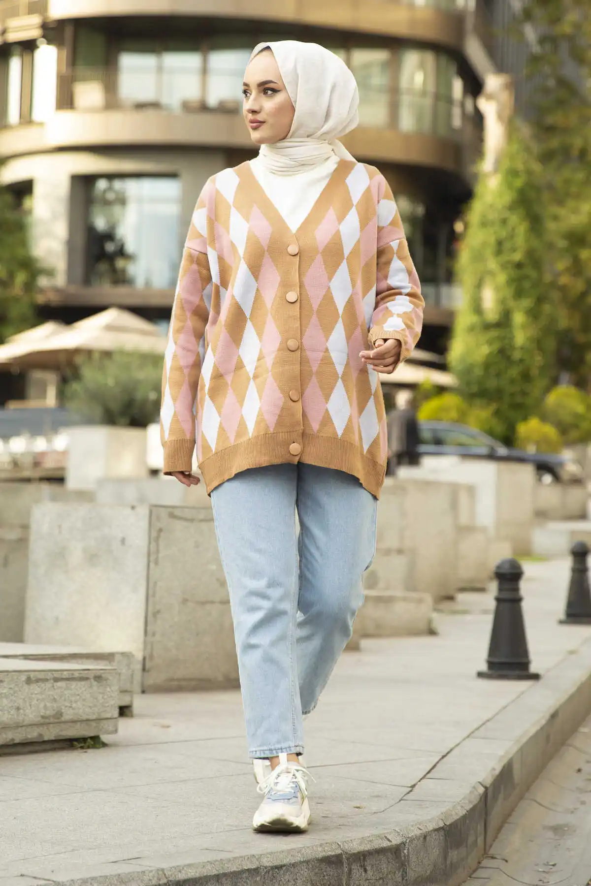 Lozenge Pattern Hijab Cardigan Camel Winter Autumn 2021 Muslim Women Hijab headscarf Islamic Turkey