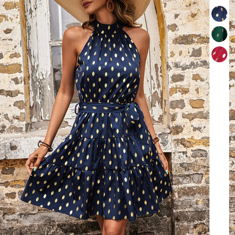 

Elegant Women's Sexy Dresses 2023 Summer Fashion Polka Dot Print Gold Stamping Strap Hanging Neck Dress Lady Vesido S-XXL