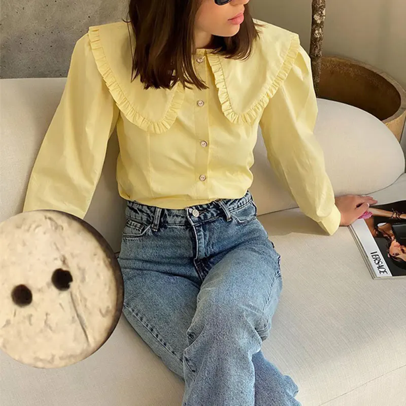 

Autumn Women's Long-sleeved Shirt 2023 Fashion Retro Doll Collar Blouse Yellow Casual Cotton Ladies Casual Shirt Top New
