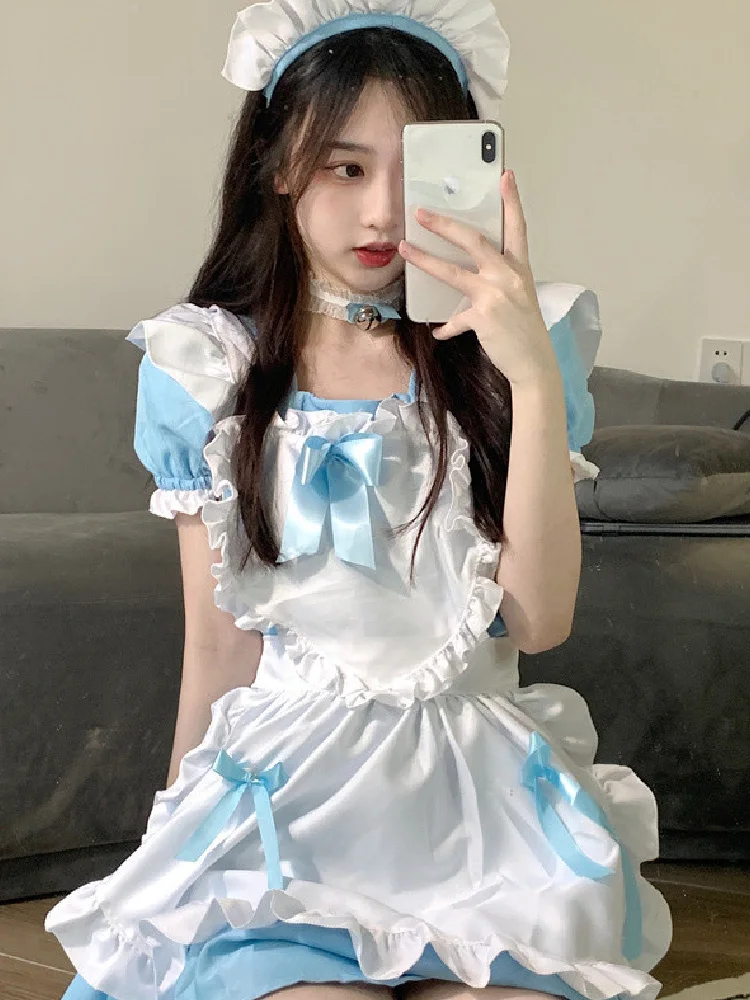 

Japanese Kawaii Lolita Dress Female 2022 Sweet Soft Girl Cosplay Maid Outfit Sexy Square Collar Short Sleeve Bow Op Mini Dresses