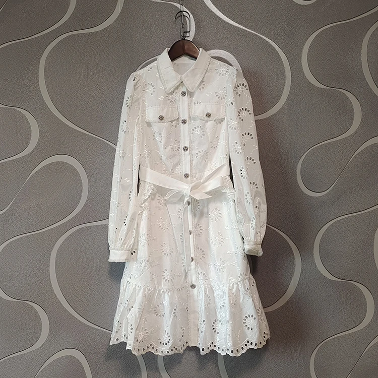 Spring White COLOR Embroidery Flowers Women Dress Spring Full Sleeves  Hollow Out Casual Mini Belt Dresses Clothes