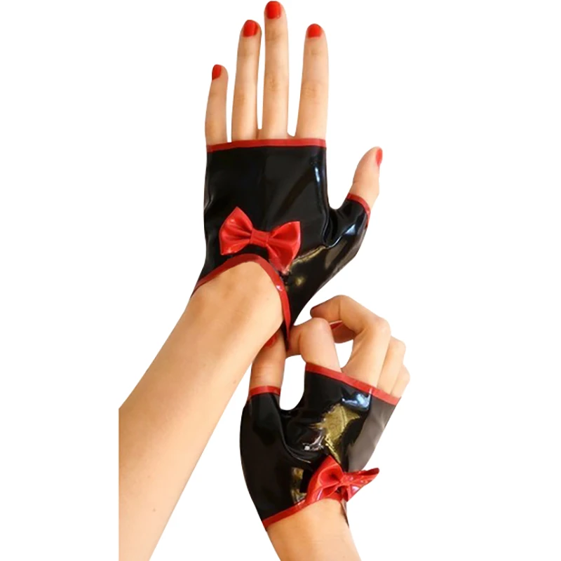 

Black And Red Sexy Fingerless Short Latex Gloves With Bows Stripes Domed Rubber Mittens ST-0110