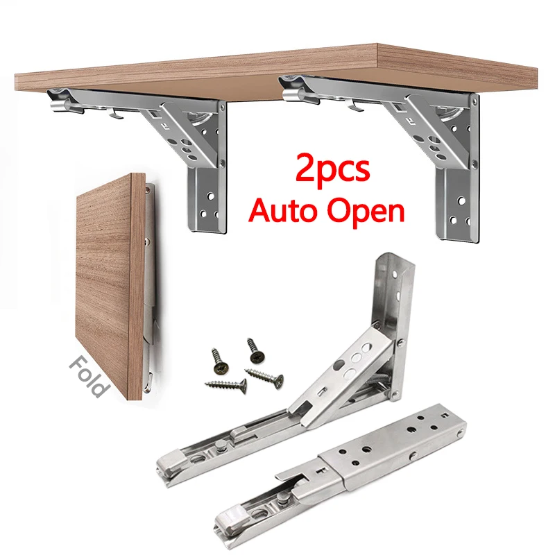 

2pcs Stainless Steel Shelf Bracket Foldable Triangle Auto Open Iron Support Black Wall Large Shelves 8/10/12/14 Inches