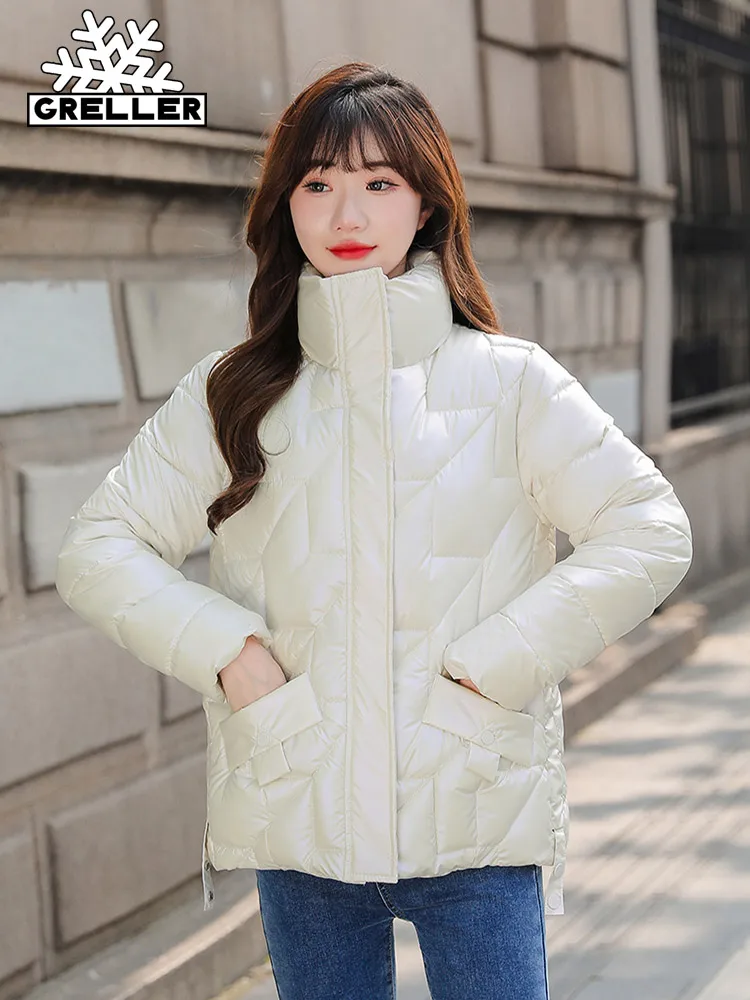 GRELLER 2022 Winter Jacket Women Short Womens Parkas Thicken Outerwear Solid Coats Shiny Female Slim Cotton Padded Basic Tops